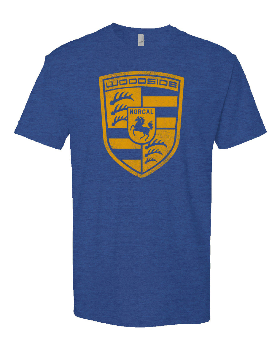 Woodside Porsche design in signal yellow on chest of Heather Short Sleeve T-shirt