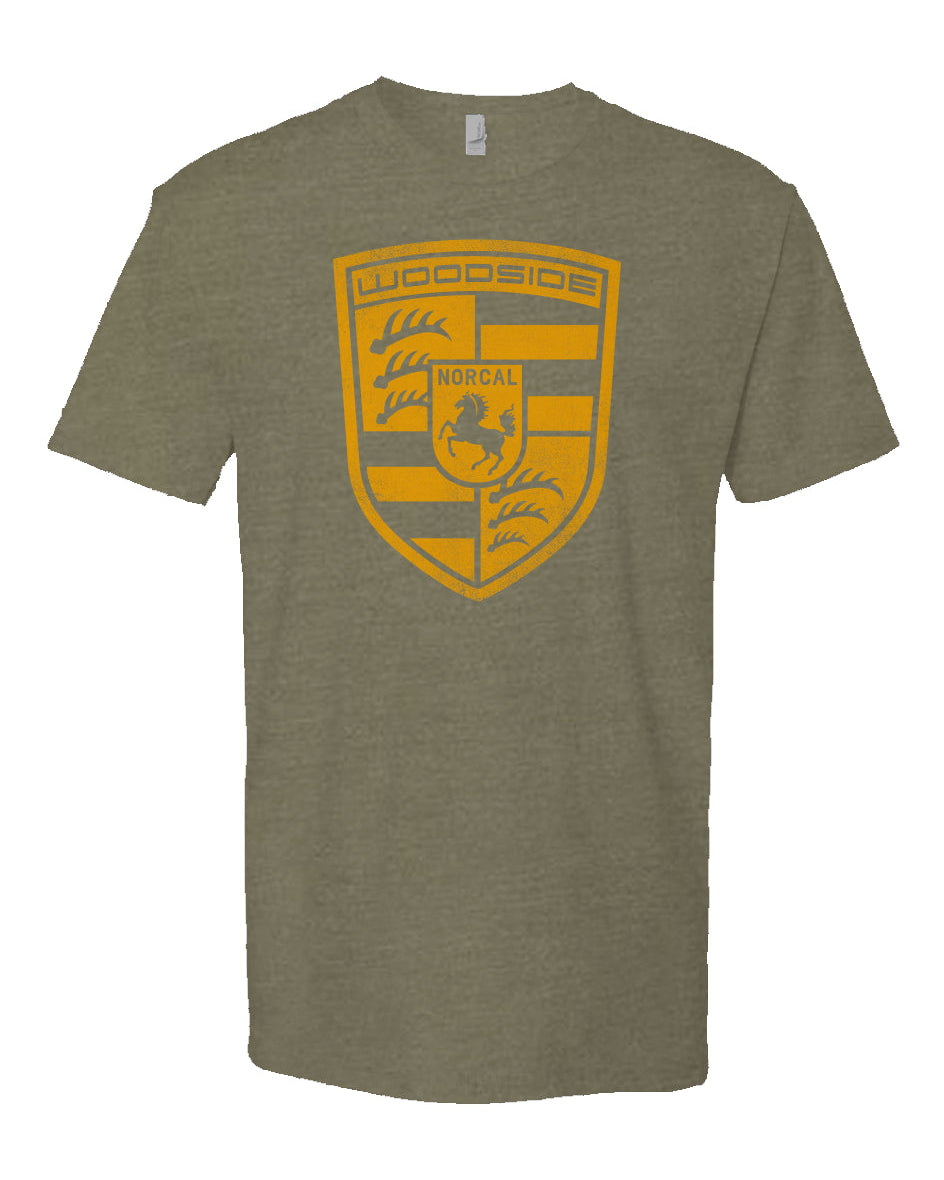 Woodside Porsche design in signal yellow on chest of Heather Short Sleeve T-shirt