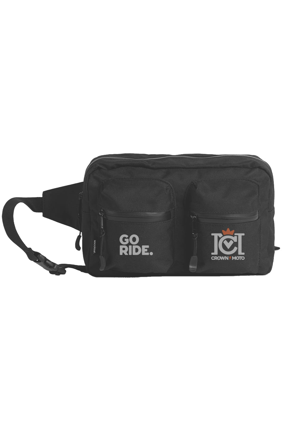 "GO RIDE." Recycled Double Waist Bag with crown moto logo printed on other pocket, water resistant, small luggage, fanny pack