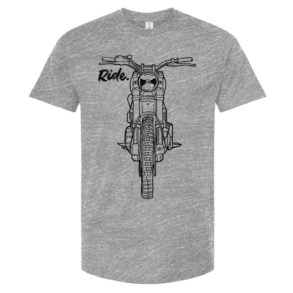 RIDE design scrambler motorcycle printed on chest of premium unisex t-shirt