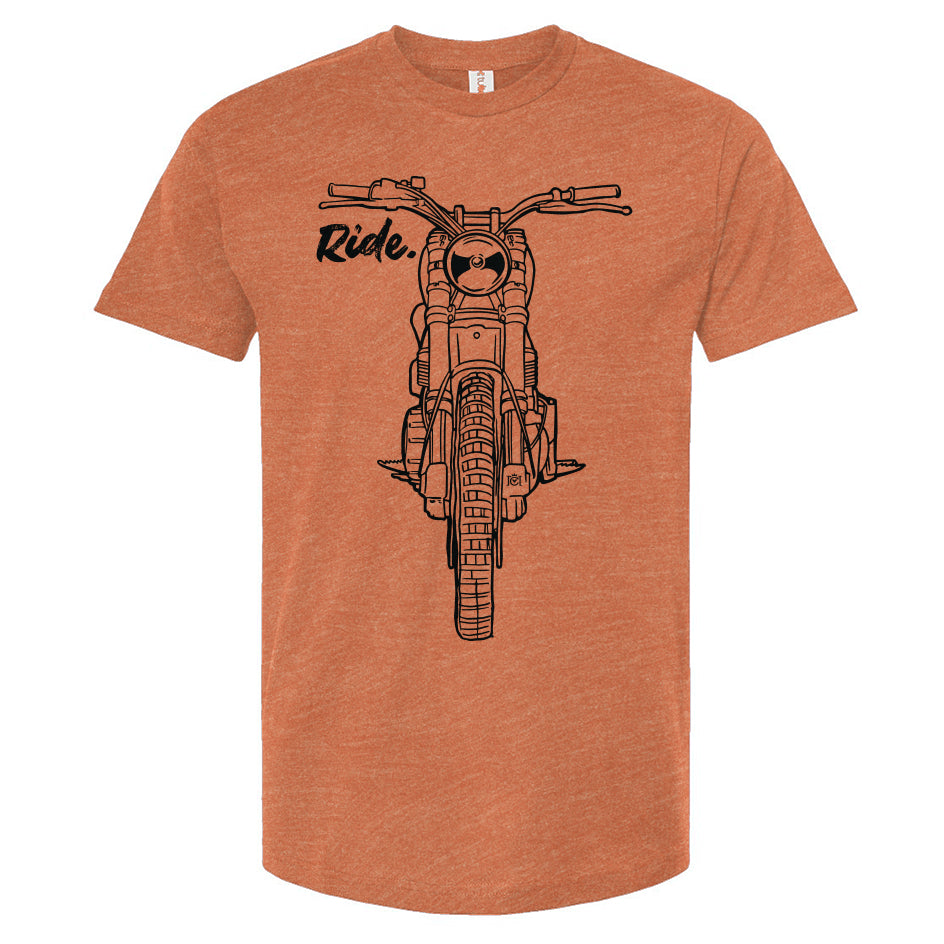 RIDE design scrambler motorcycle printed on chest of premium unisex t-shirt
