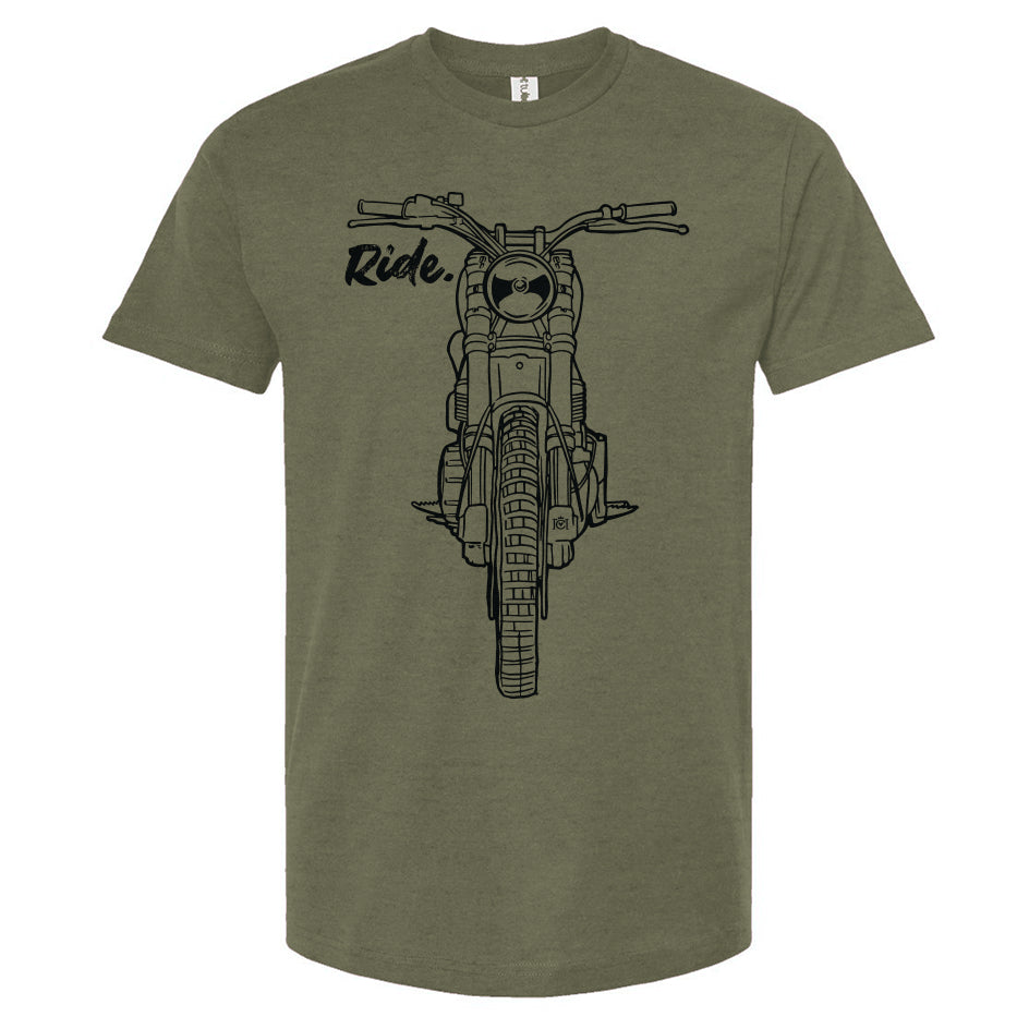 RIDE design scrambler motorcycle printed on chest of premium unisex t-shirt