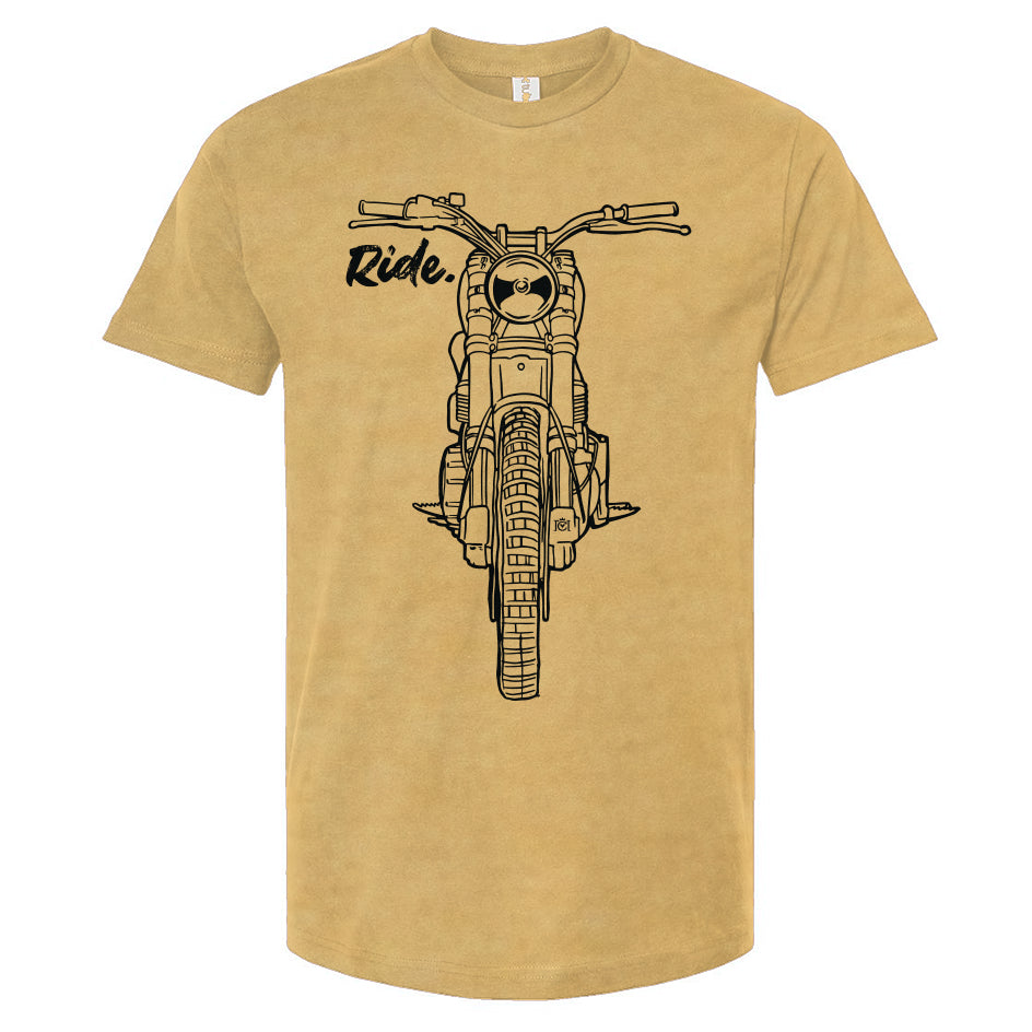 RIDE design scrambler motorcycle printed on chest of premium unisex t-shirt