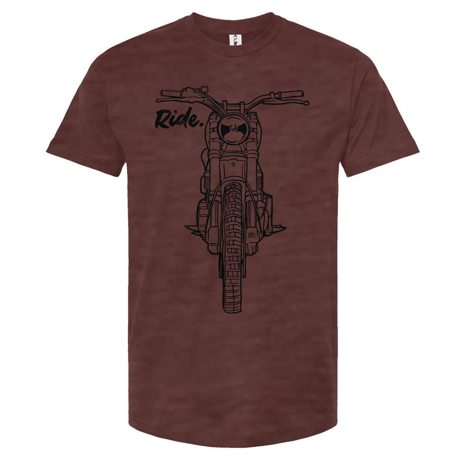 RIDE design scrambler motorcycle printed on chest of premium unisex t-shirt