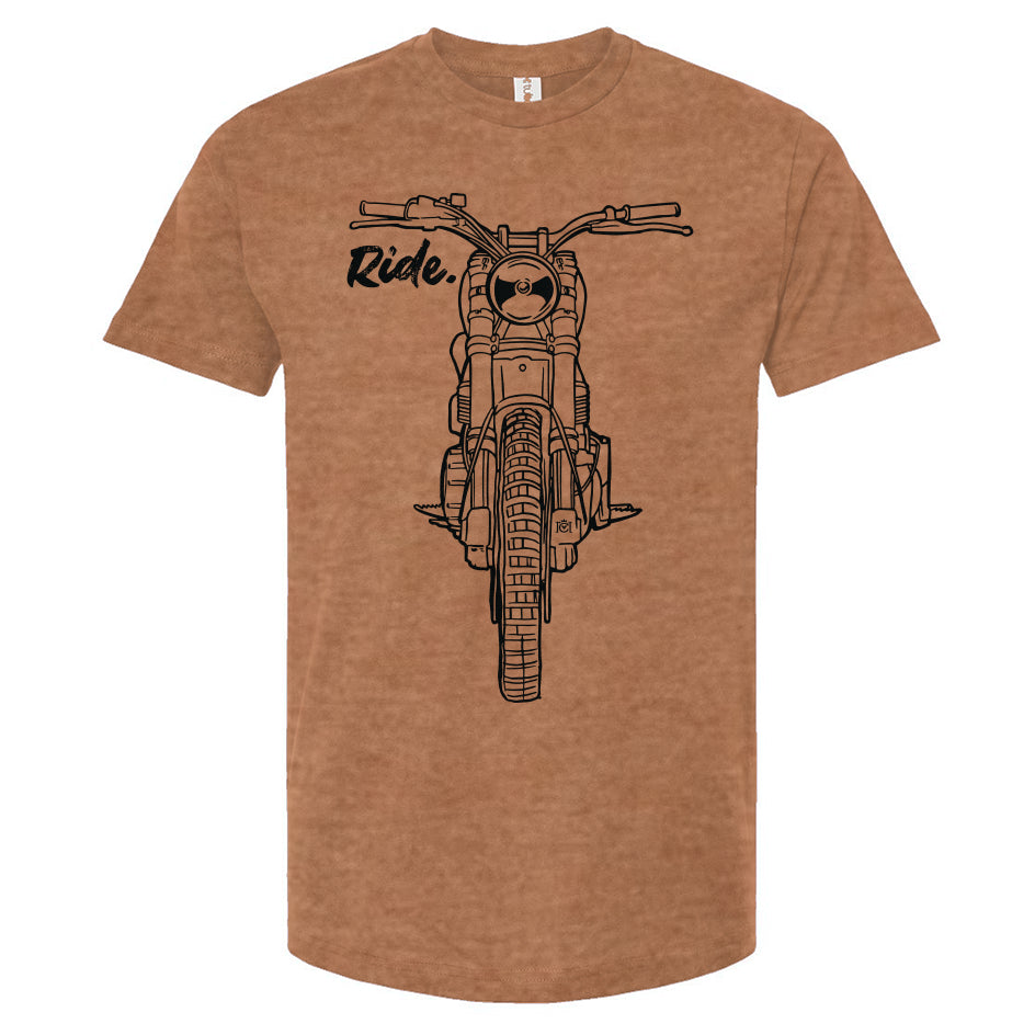 RIDE design scrambler motorcycle printed on chest of premium unisex t-shirt