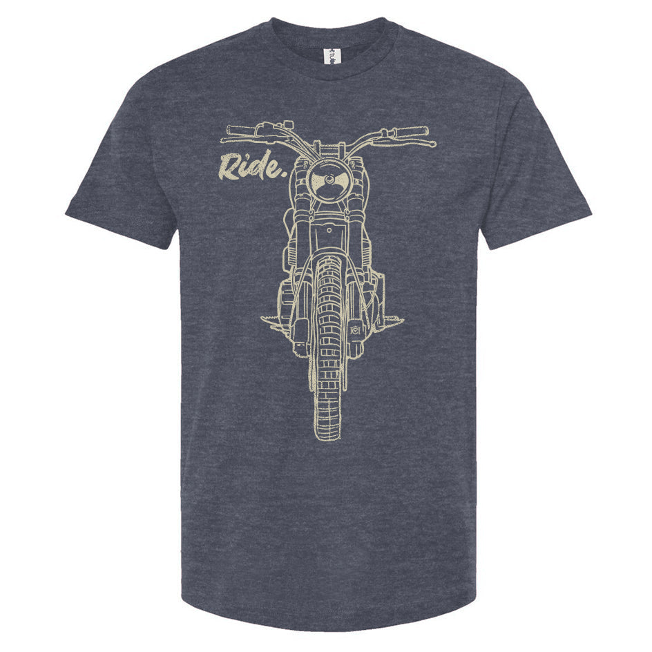 RIDE design scrambler motorcycle printed on chest of premium unisex t-shirt