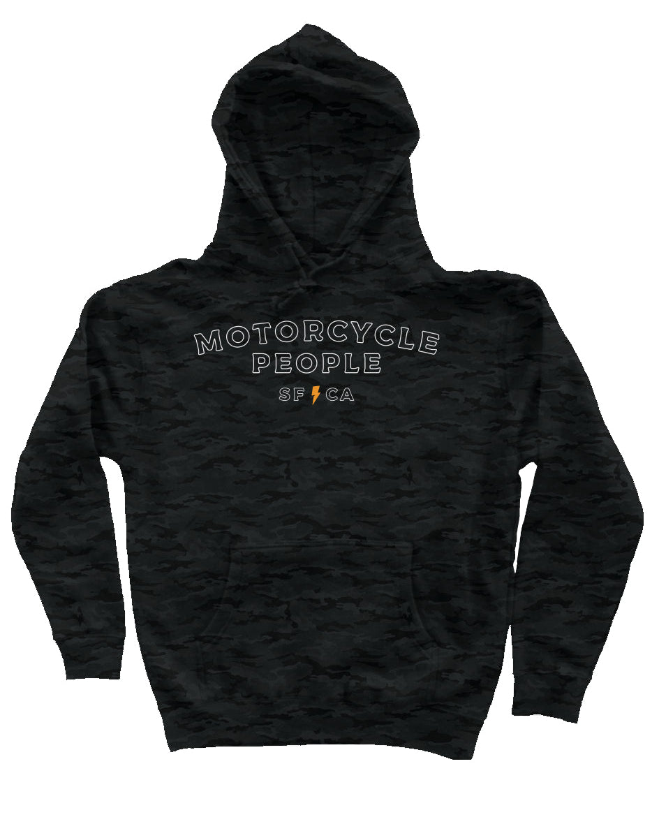 Original Motorcycle People SF design printed on chest of Black Camo Hoodie