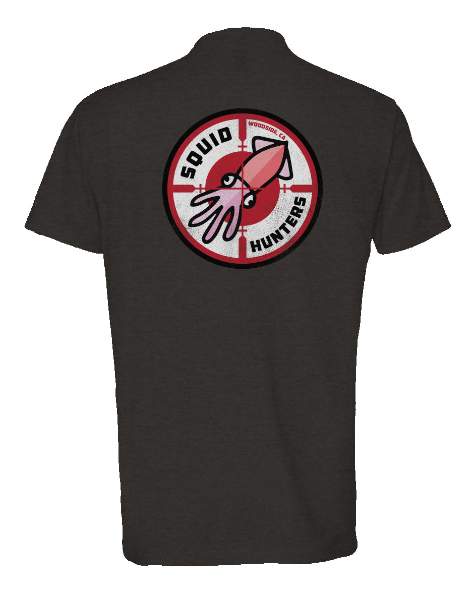 Squid Hunters motorcycle club woodside logo on back of short sleeve heather t-shirt by crown moto