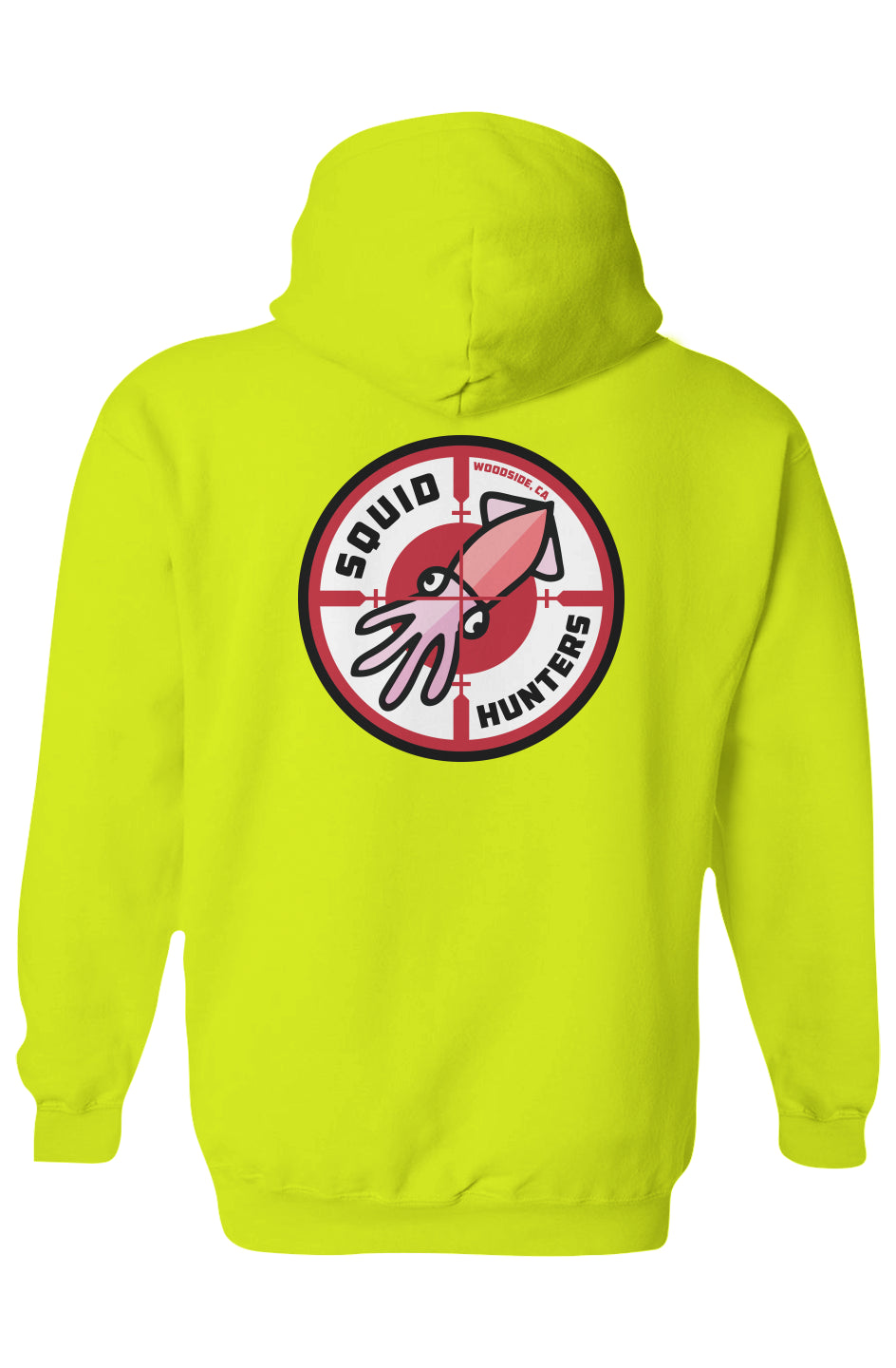 Squid Hunters motorcycle club logo on Hi-Viz yellow Hooded Sweatshirt
