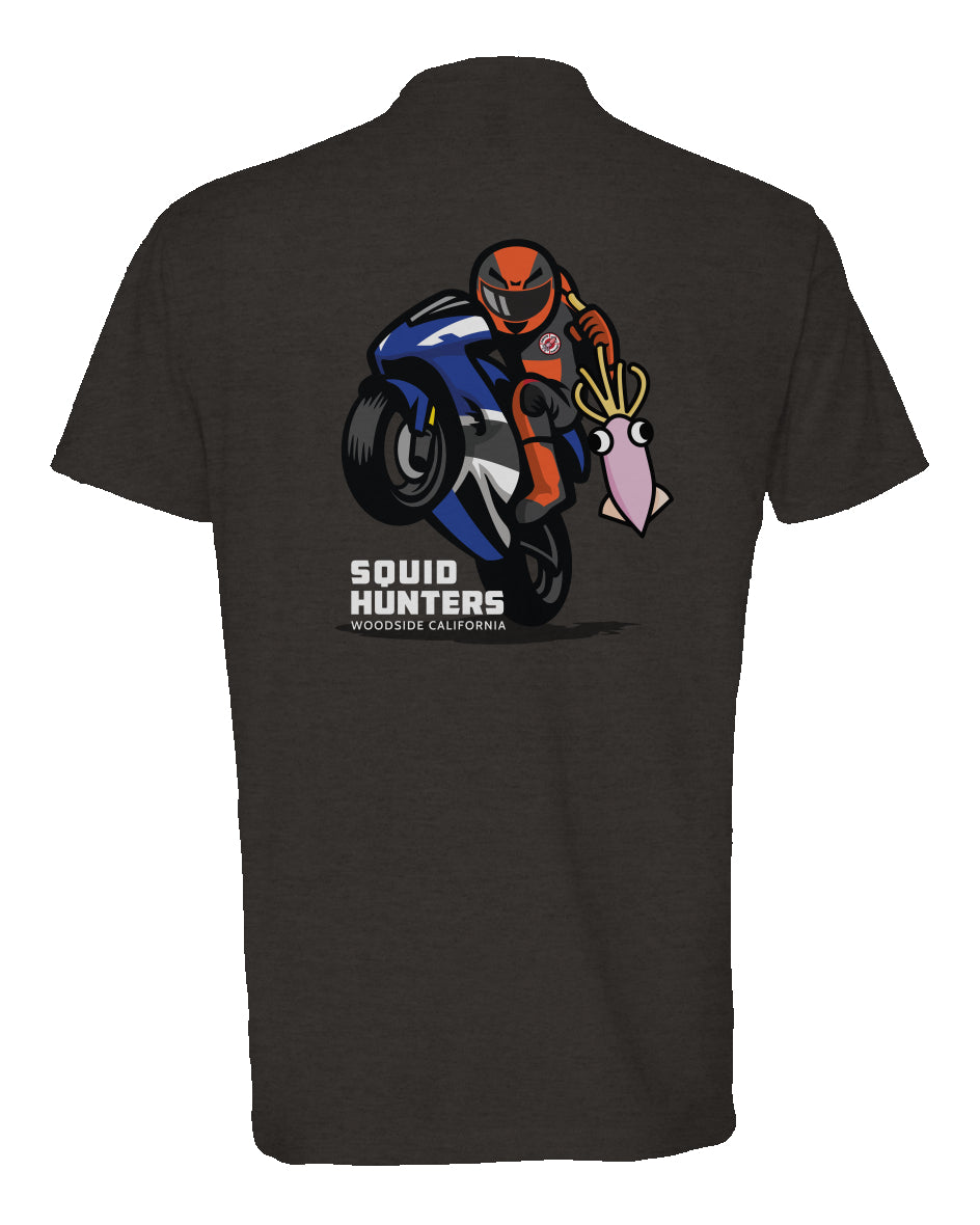 Original "Squid Hunters" motorcycle club logo on back of heather short sleeve t-shirt by crown moto
