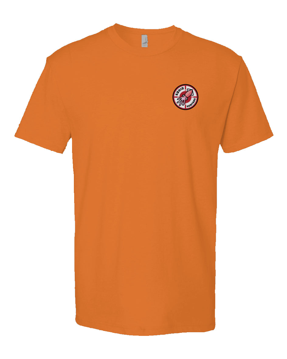 Original "Squid Hunters" motorcycle club logo on chest of heather short sleeve t-shirt by crown moto