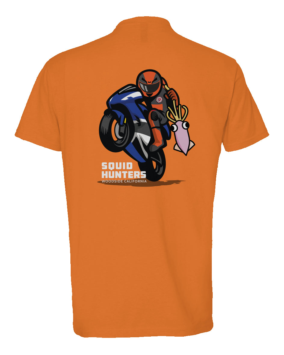 Original "Squid Hunters" motorcycle club logo on back of heather short sleeve t-shirt by crown moto