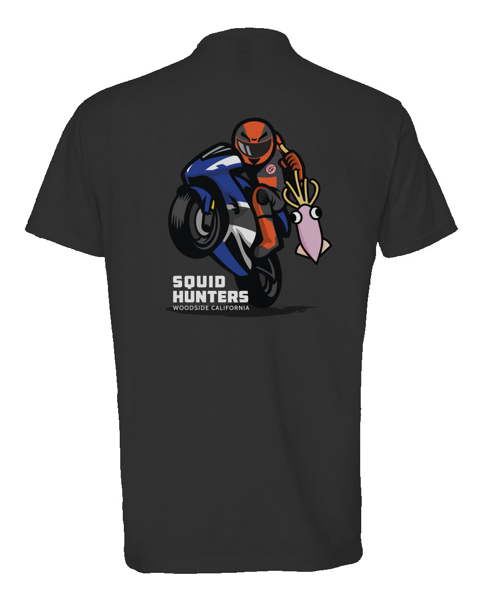 Original "Squid Hunters" motorcycle club logo on back of heather short sleeve t-shirt by crown moto