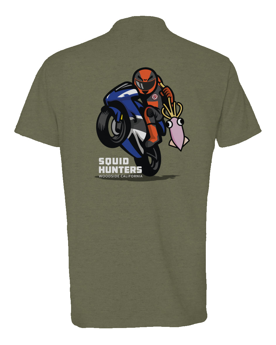 Original "Squid Hunters" motorcycle club logo on back of heather short sleeve t-shirt by crown moto