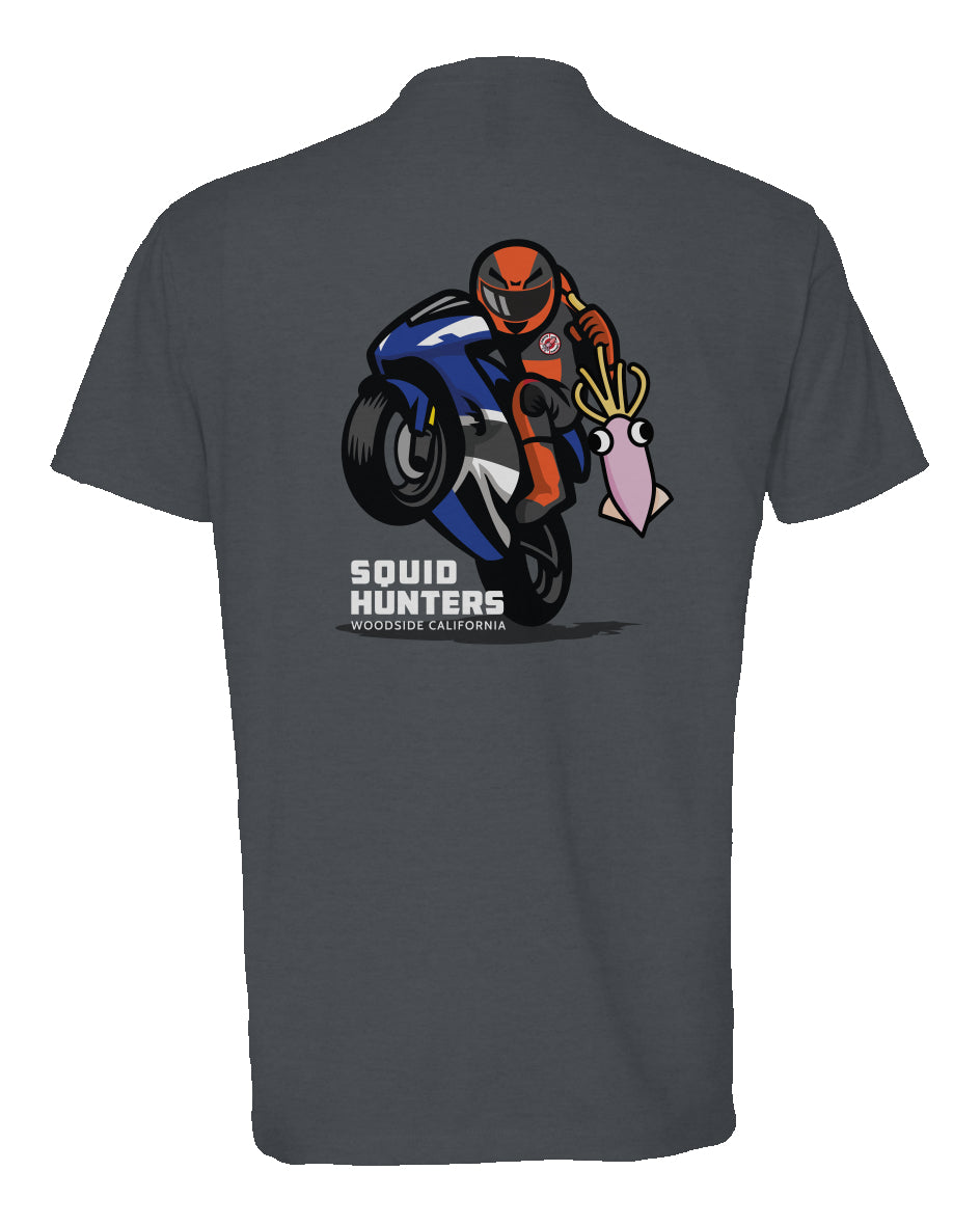 Original "Squid Hunters" motorcycle club logo on back of heather short sleeve t-shirt by crown moto