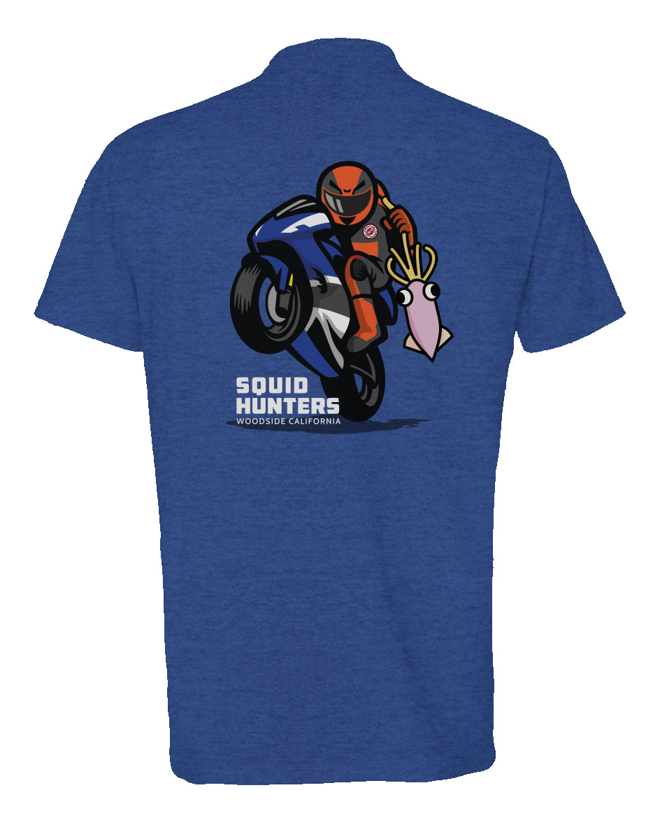 Original "Squid Hunters" motorcycle club logo on back of heather short sleeve t-shirt by crown moto
