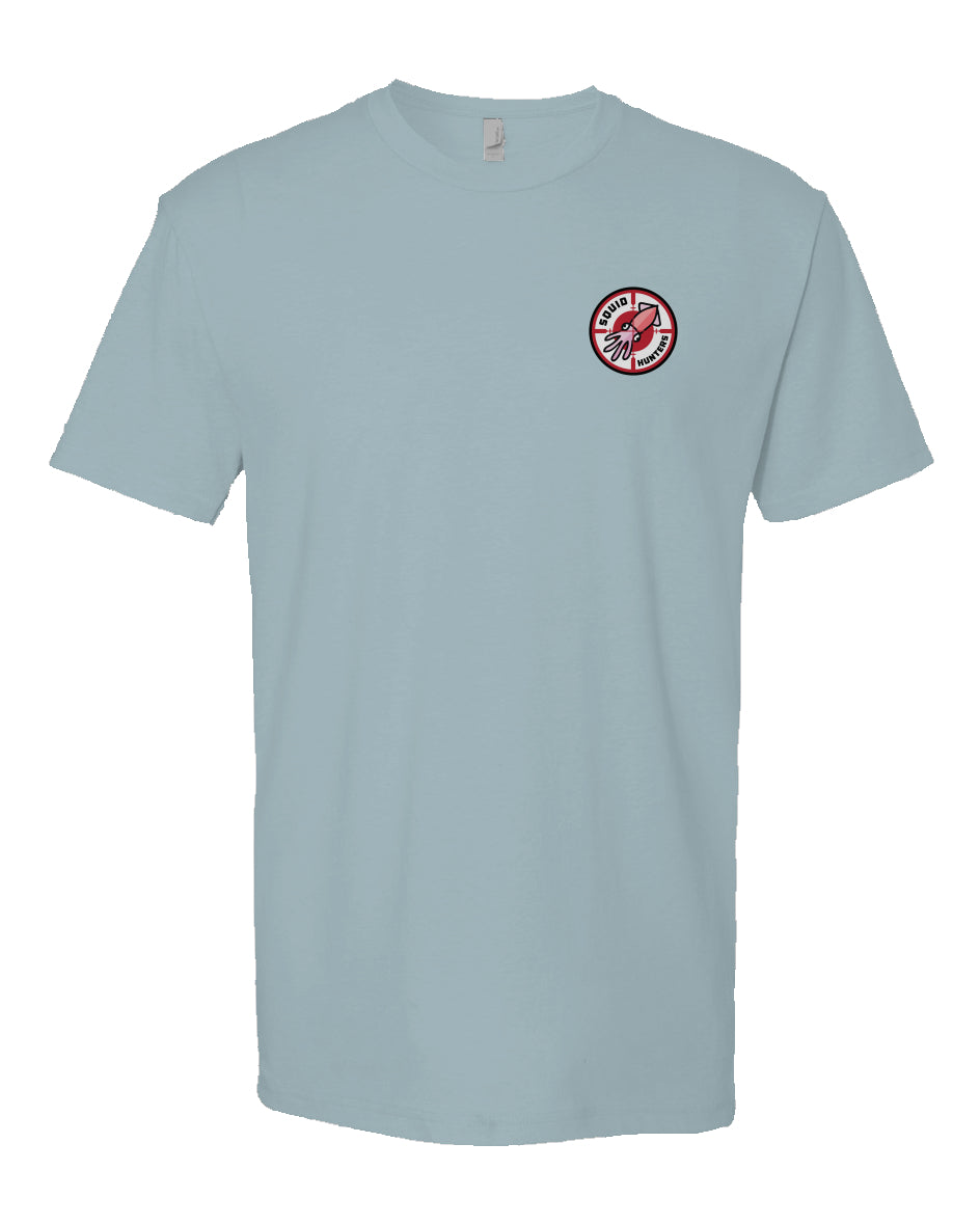 Original "Squid Hunters" motorcycle club logo on left chest of heather short sleeve t-shirt by crown moto