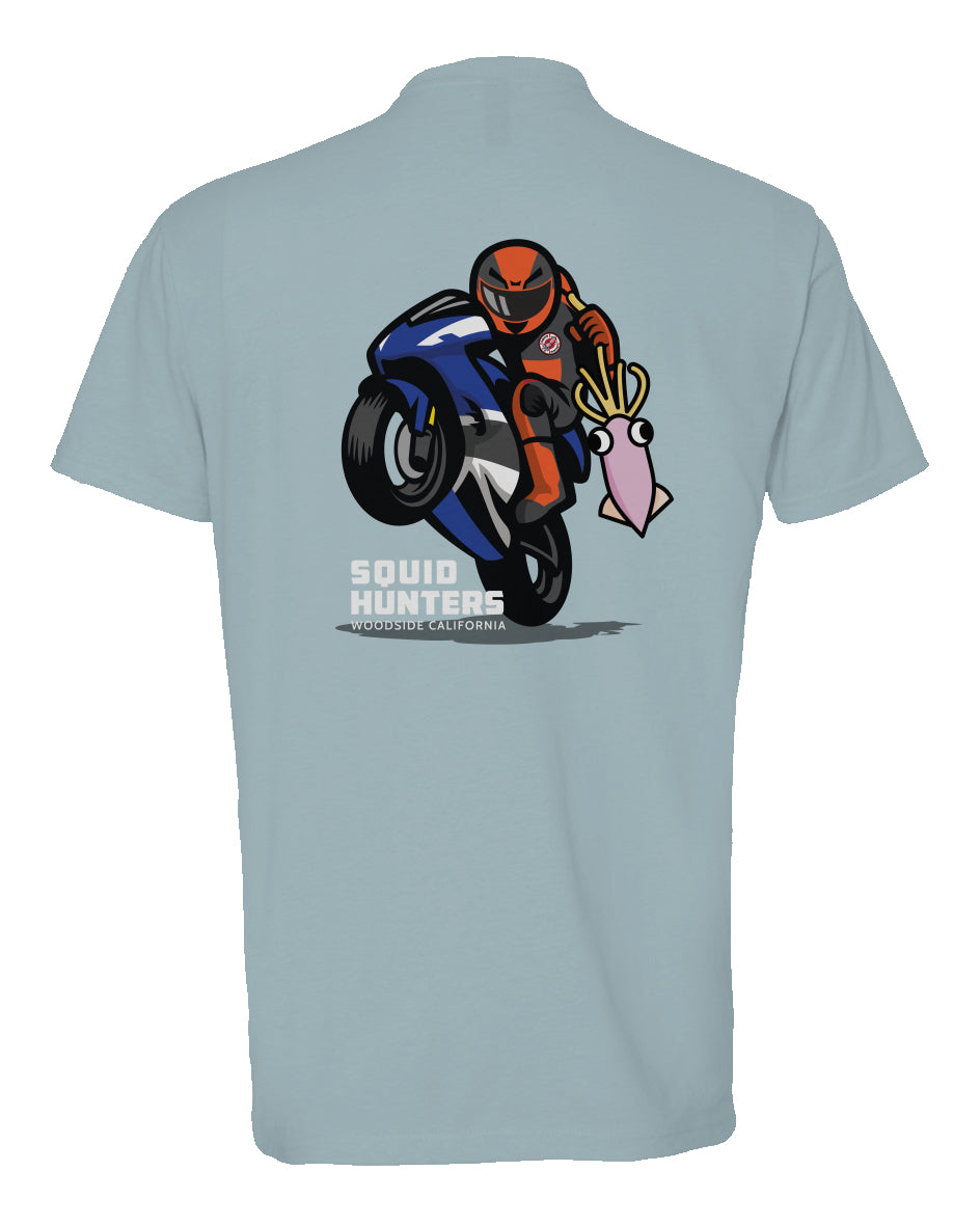 Original "Squid Hunters" motorcycle club logo on back of heather short sleeve t-shirt by crown moto