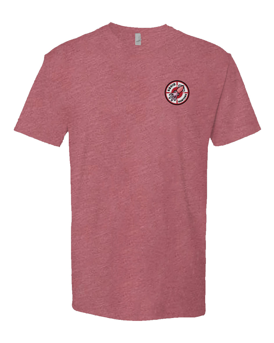 Original "Squid Hunters" motorcycle club logo on front chest of heather short sleeve t-shirt by crown moto