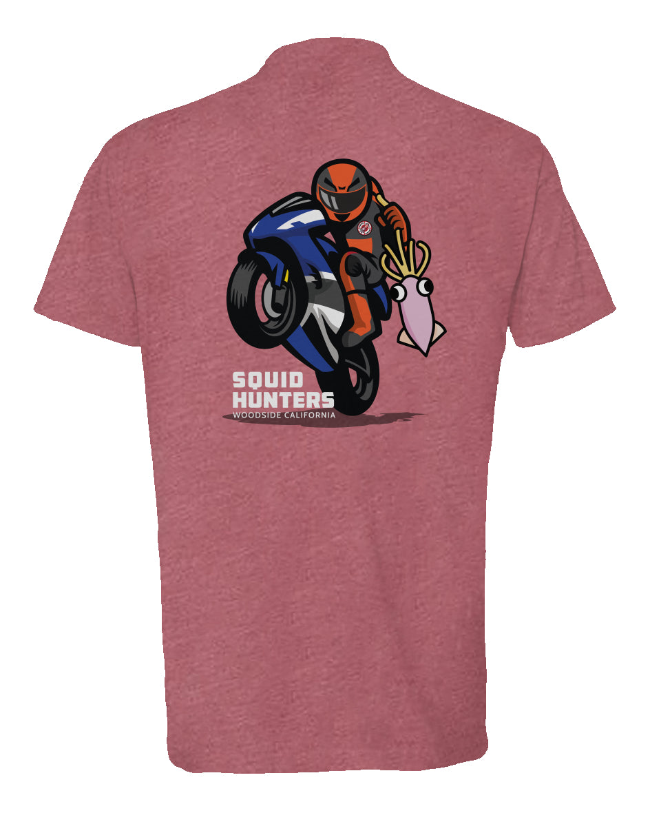 Original "Squid Hunters" motorcycle club logo on back of heather short sleeve t-shirt by crown moto