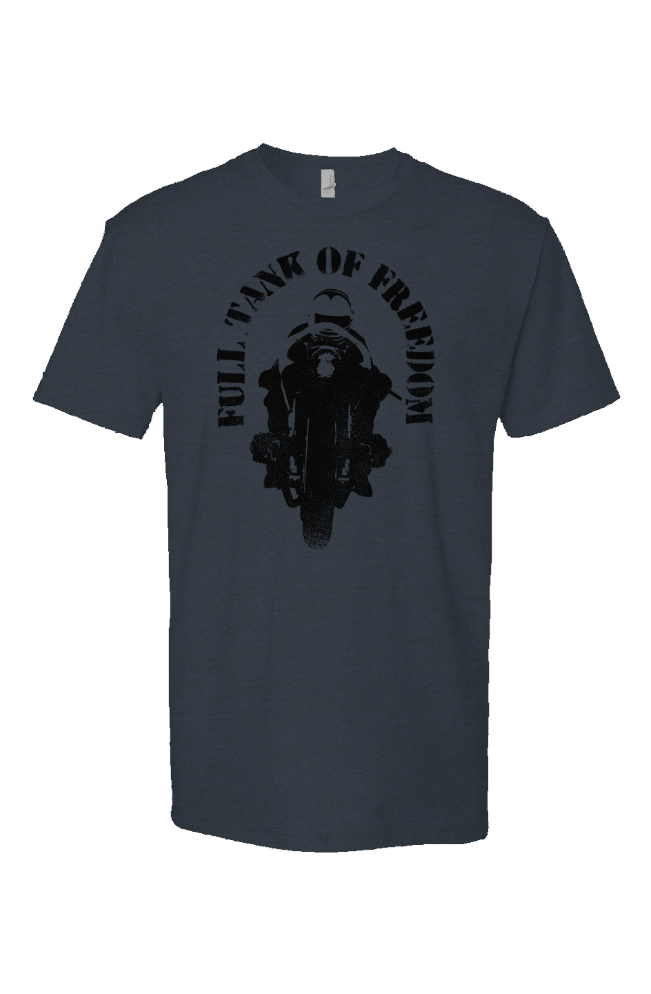 Original "Full tank of freedom" motorcycle design in black on front of short sleeve t-shirt by crown moto