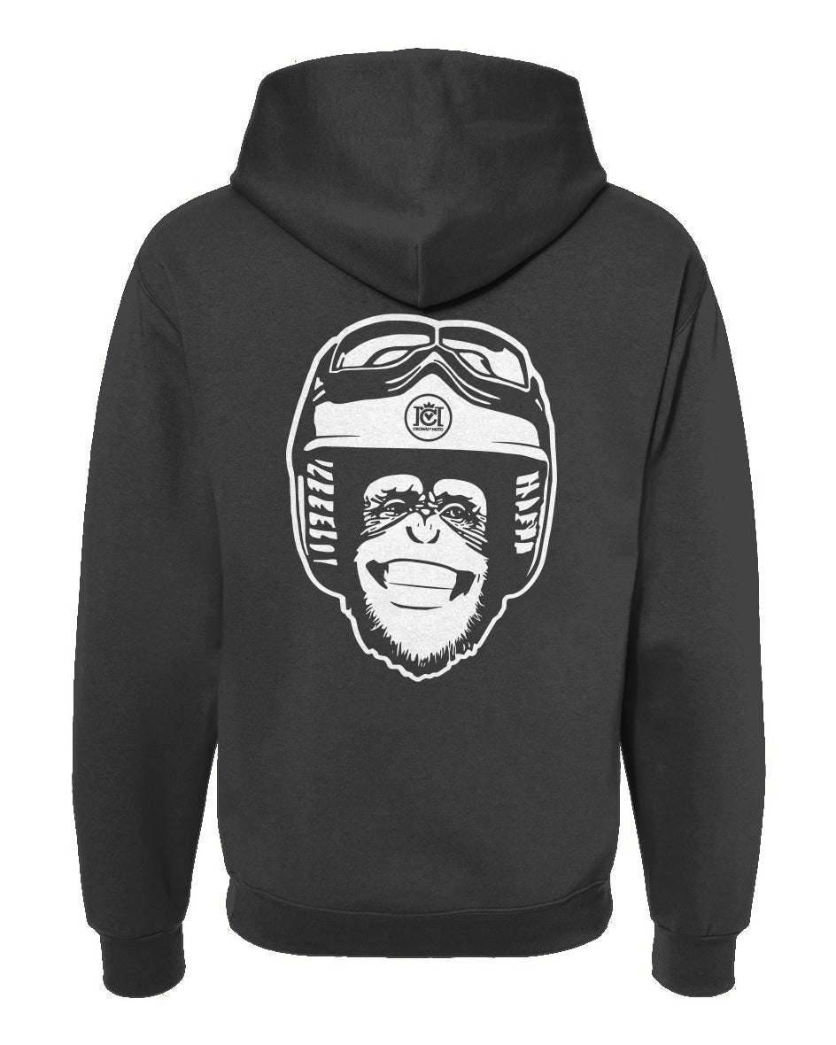 Moto Monkey hooded sweatshirt, hoodies, hoodie, monkey, chimp, chimpanzee, motorcycle riders, motorcycles, motorbikes, riders, warm, funny, humor, motorcycle lifestyle, motorcycle hoodie, original, crown moto