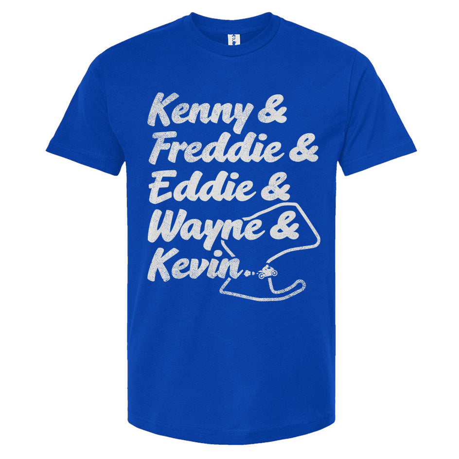 Black T-shirt with white text listing the names of American GP motorcycle racers like Kenny, Freddie, Eddie, Wayne, and Kevin in a stylized layout.