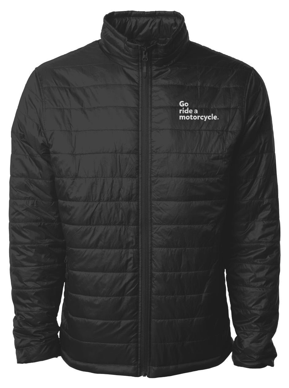 "Go ride a motorcycle" Puffer Jacket, crownmoto, crown moto, go ride a motorcycle, motorbikes, insulated, warm, durable, quality, embroidery, embroidered, motorcycle club, ride with friends, crown moto, zip, full-zip, black, nylon, polyester, water resistant