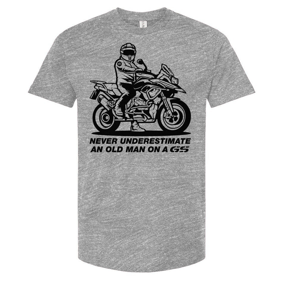T-shirt with a man on a GS motorcycle sitting proudly with text below saying "never underestimate an old man on a gs"