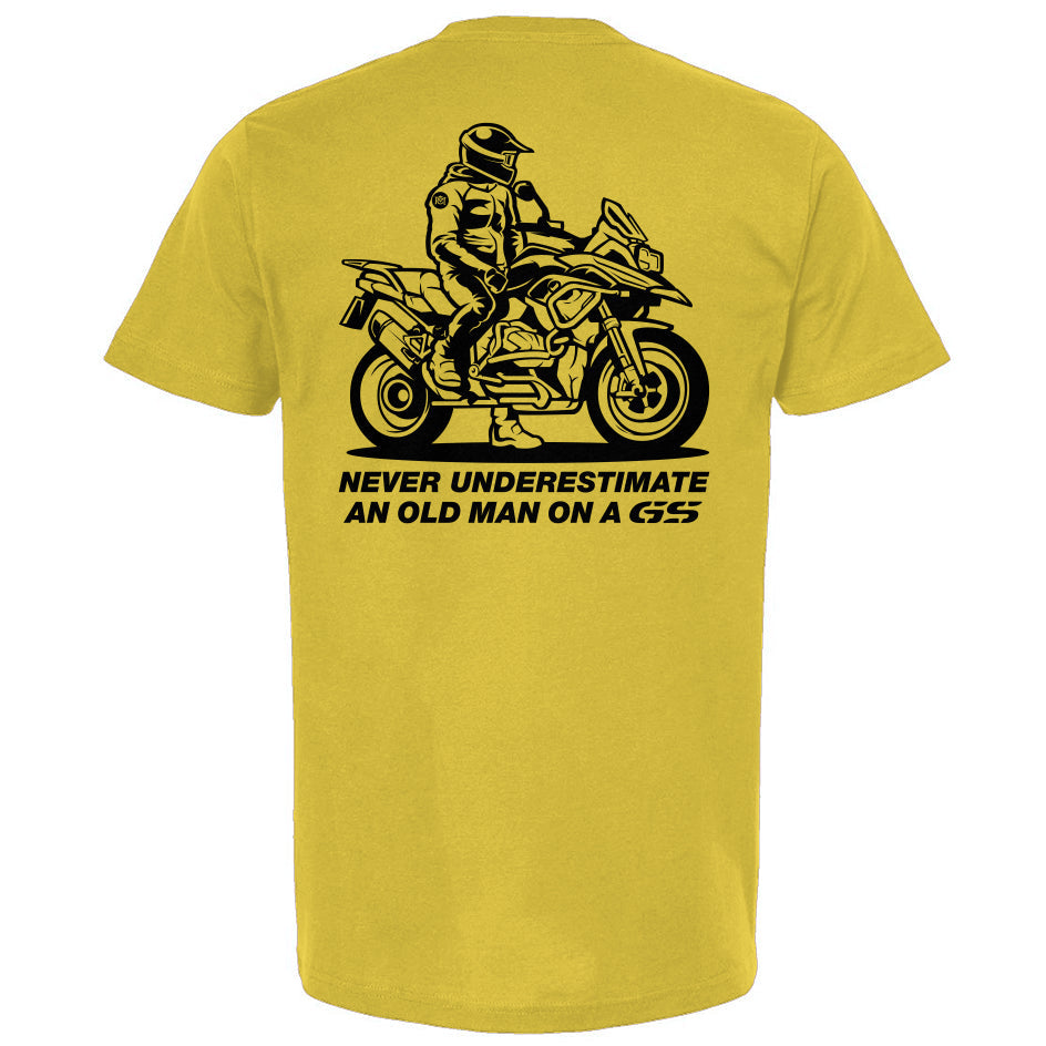 Never Underestimate an Old Man on a GS (v3) T-Shirt, bmw gs, gs, bmw motorcycles, adventure motorcycle, adv, motorbikes, old man, crown moto, motorcycle t-shirt, skilled, experienced, riders, touring