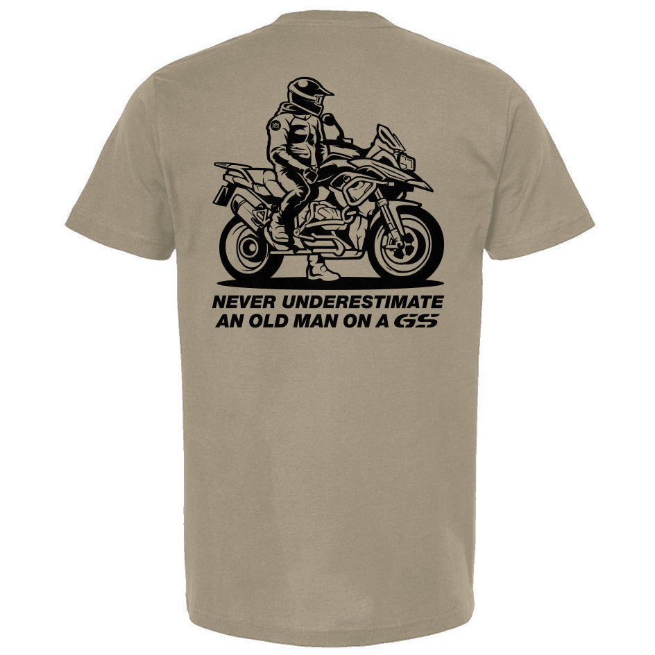 Never Underestimate an Old Man on a GS (v3) T-Shirt, bmw gs, gs, bmw motorcycles, adventure motorcycle, adv, motorbikes, old man, crown moto, motorcycle t-shirt, skilled, experienced, riders, touring