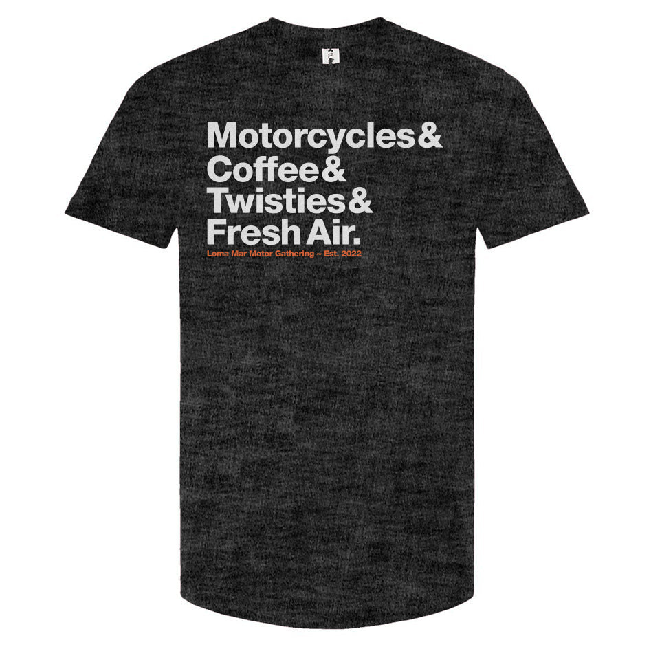Loma Mar Motor Gathering Motorcycles and Coffee t-shirt by Crown Moto