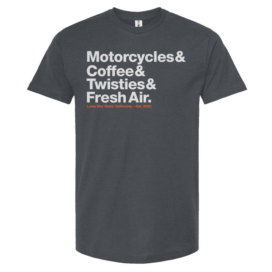 Loma Mar Motor Gathering Motorcycles and Coffee t-shirt by Crown Moto