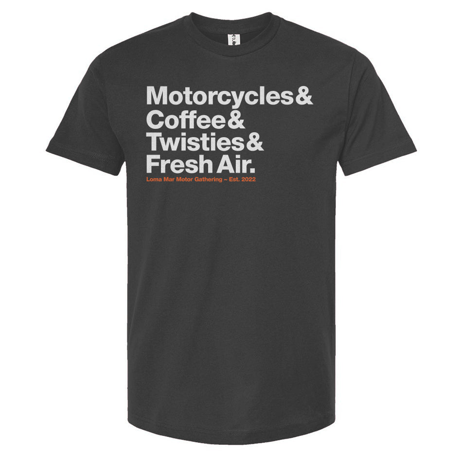 Loma Mar Motor Gathering Motorcycles and Coffee t-shirt by Crown Moto