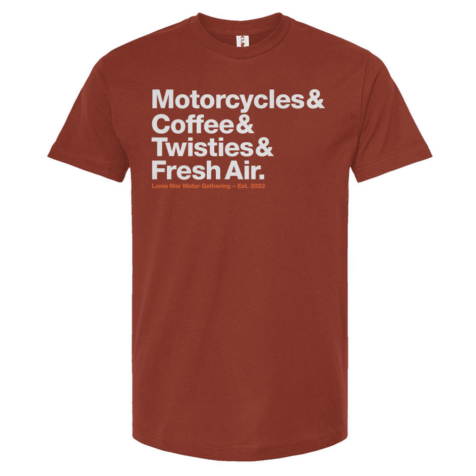 Loma Mar Motor Gathering Motorcycles and Coffee t-shirt by Crown Moto