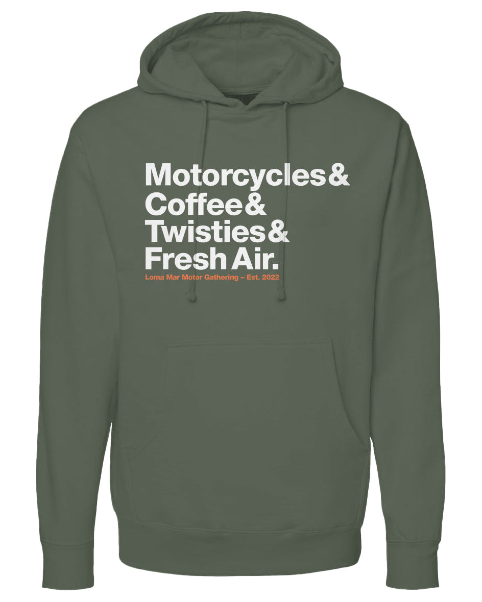 Loma Mar Motor Gathering Motorcyclist Hoodie, motorcycles, coffee, twisties, fresh air, motorcycle hoodies, motorcycle lifestyle, rider t-shirts, motorbikes, go ride, motorcycle gathering, motorcycle meet-up