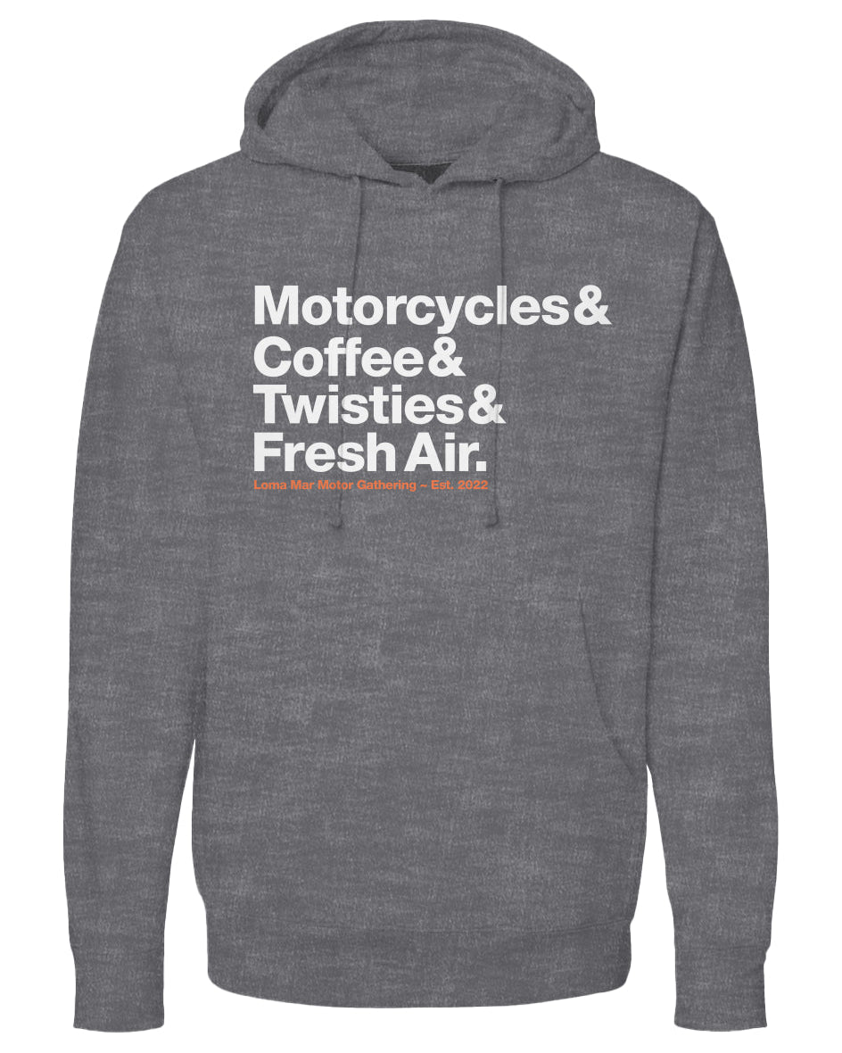 Loma Mar Motor Gathering Motorcyclist Hoodie, motorcycles, coffee, twisties, fresh air, motorcycle hoodies, motorcycle lifestyle, rider t-shirts, motorbikes, go ride, motorcycle gathering, motorcycle meet-up