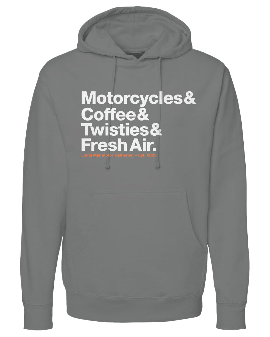 Loma Mar Motor Gathering Motorcyclist Hoodie, motorcycles, coffee, twisties, fresh air, motorcycle hoodies, motorcycle lifestyle, rider t-shirts, motorbikes, go ride, motorcycle gathering, motorcycle meet-up