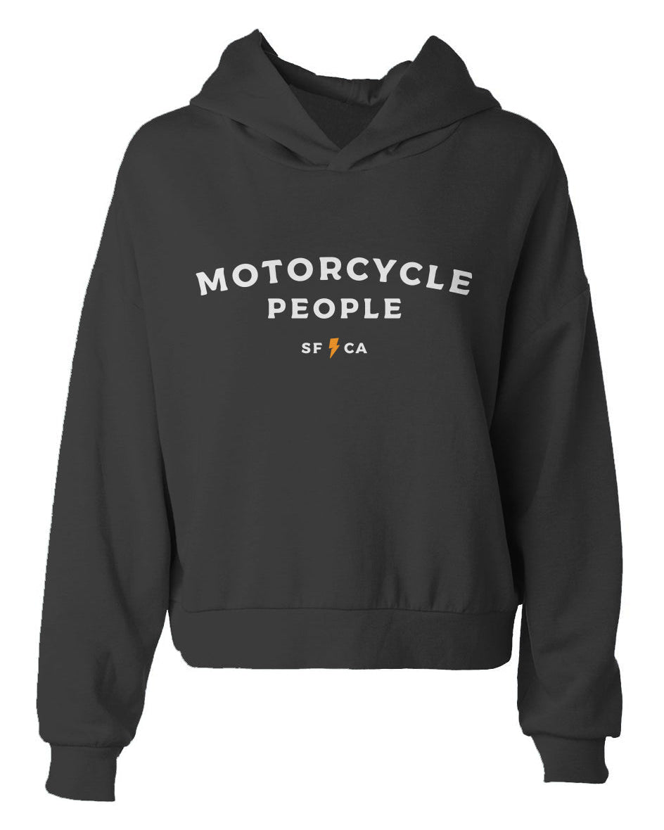 Motorcycle People SF Women's Hip Height Hoodie, women who ride, hooded, soft, warm, black cropped hoodie, crown moto