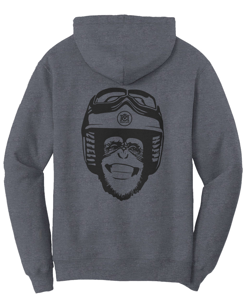 Moto Monkey Fleece Pullover Hoodie, blue, motorcycle lifestyle, motorbikes, motorcycle riders, motorcycle hoodie, funny hoodie, chimpanzee with helmet on