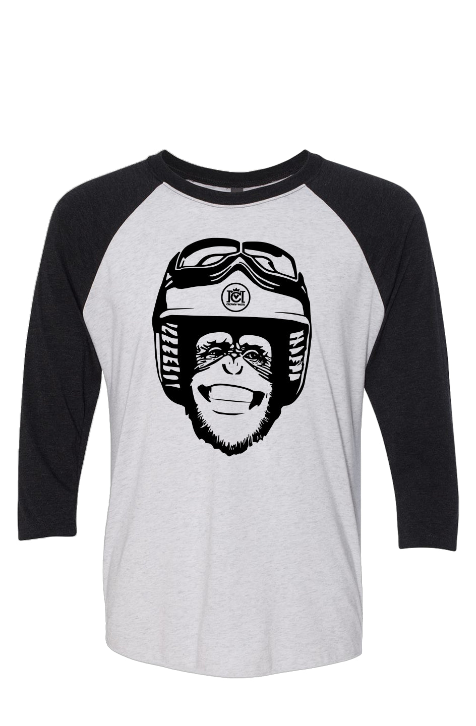 Moto Monkey Three-Quarter Raglan, moto monkey, original, crown moto, raglan t-shirt, funny t-shirt, humor, unisex, chimp, motorcycle lifestyle