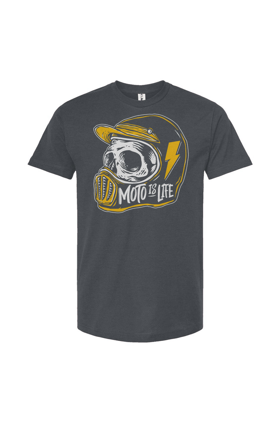 Moto is Life - Skull T-Shirt in charcoal gray, motorcycle lifestyle, gifts for riders, motocross, supermoto