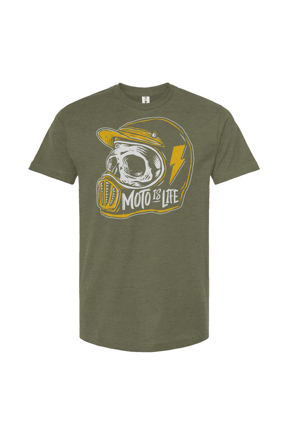 Moto is Life - Skull T-Shirt in heather military green, motorcycle lifestyle, gifts for riders, motocross, supermoto