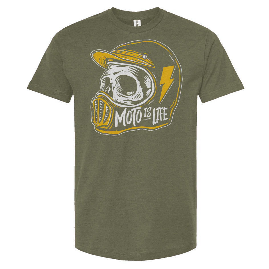 Moto is Life - Skull T-Shirt in heather military green, motorcycle lifestyle, gifts for riders, motocross, supermoto