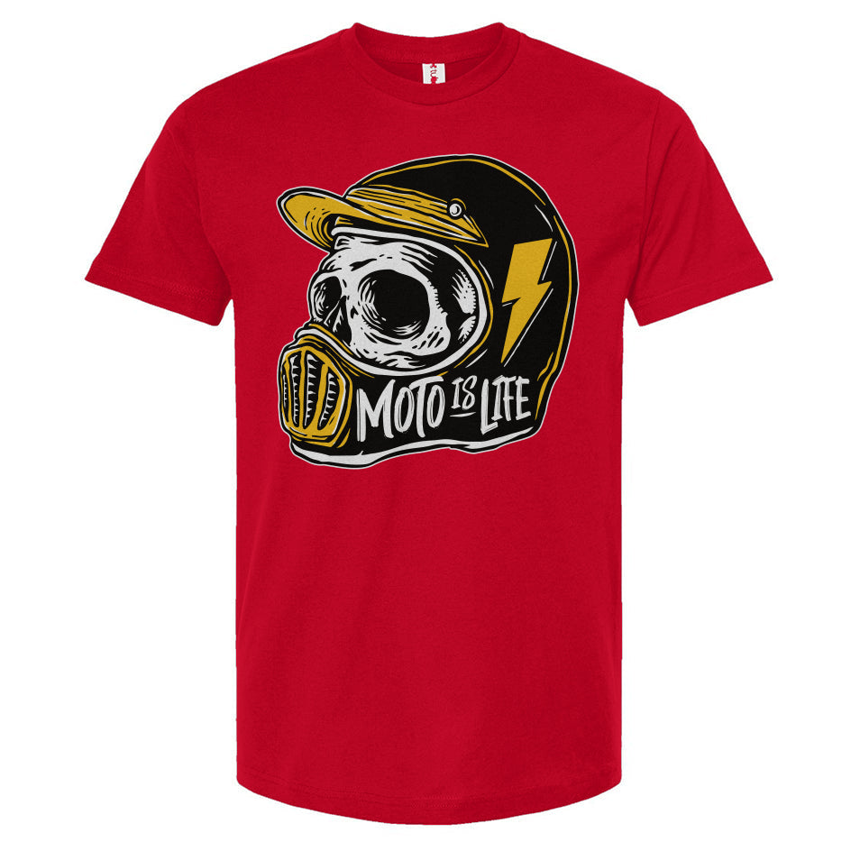 Moto is Life - Solid Skull T-Shirt design on red shirt, motorcycles, motorbikes, ride for life, crown moto