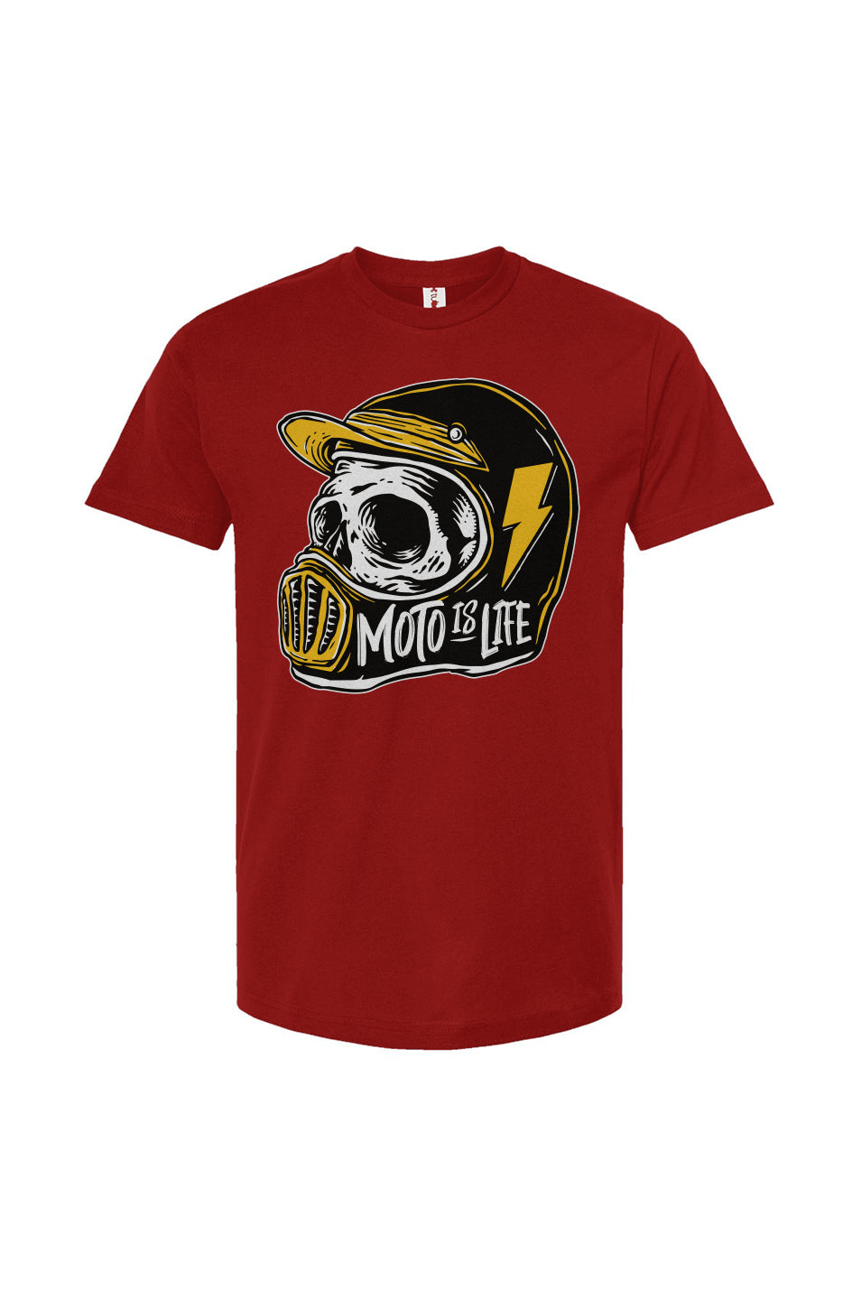 Moto is Life - Solid Skull T-Shirt design on cardinal red shirt, motorcycles, motorbikes, ride for life, crown moto