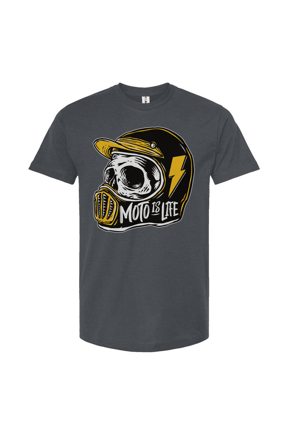 Moto is Life - Solid Skull T-Shirt design on heather denim blue shirt, motorcycles, motorbikes, ride for life, crown moto