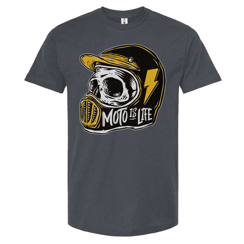 Moto is Life - Solid Skull T-Shirt design on heather denim blue shirt, motorcycles, motorbikes, ride for life, crown moto