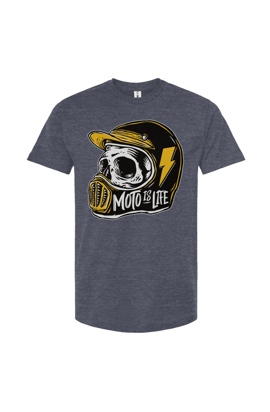Moto is Life - Solid Skull T-Shirt design on heather blue shirt, motorcycles, motorbikes, ride for life, crown moto