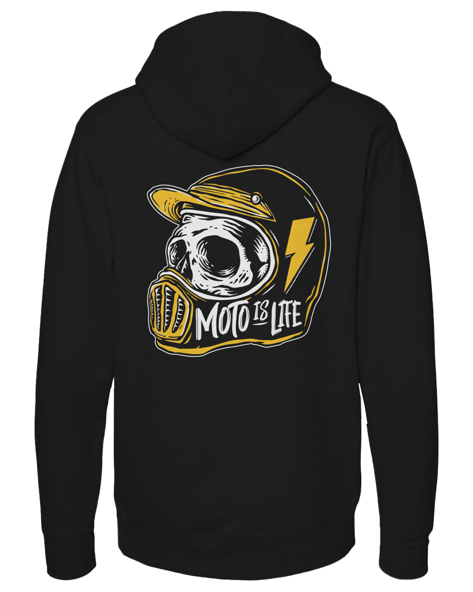 Moto is Life Skull Pullover Hoodie, motorcycle lifestyle, supermoto, mx, motocross, motorcycles, gifts for riders, skull, dirtbikes, illustration